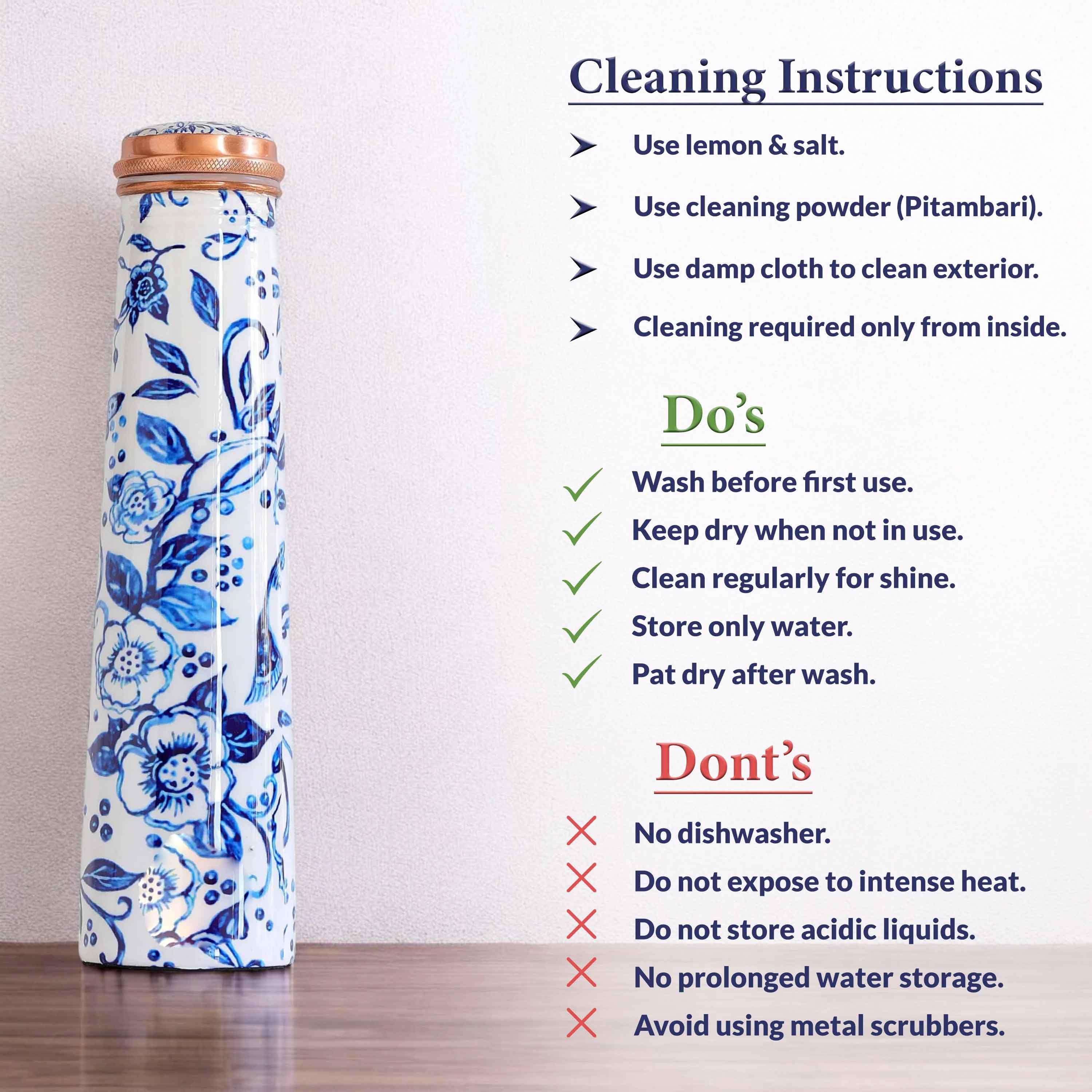 Pure copper bottle with slim tube pyramid shape white floral print - 750 ML 094